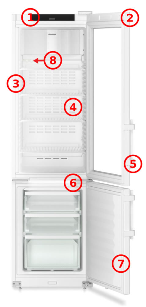 diagram of the fridge-freezer with the most important features
